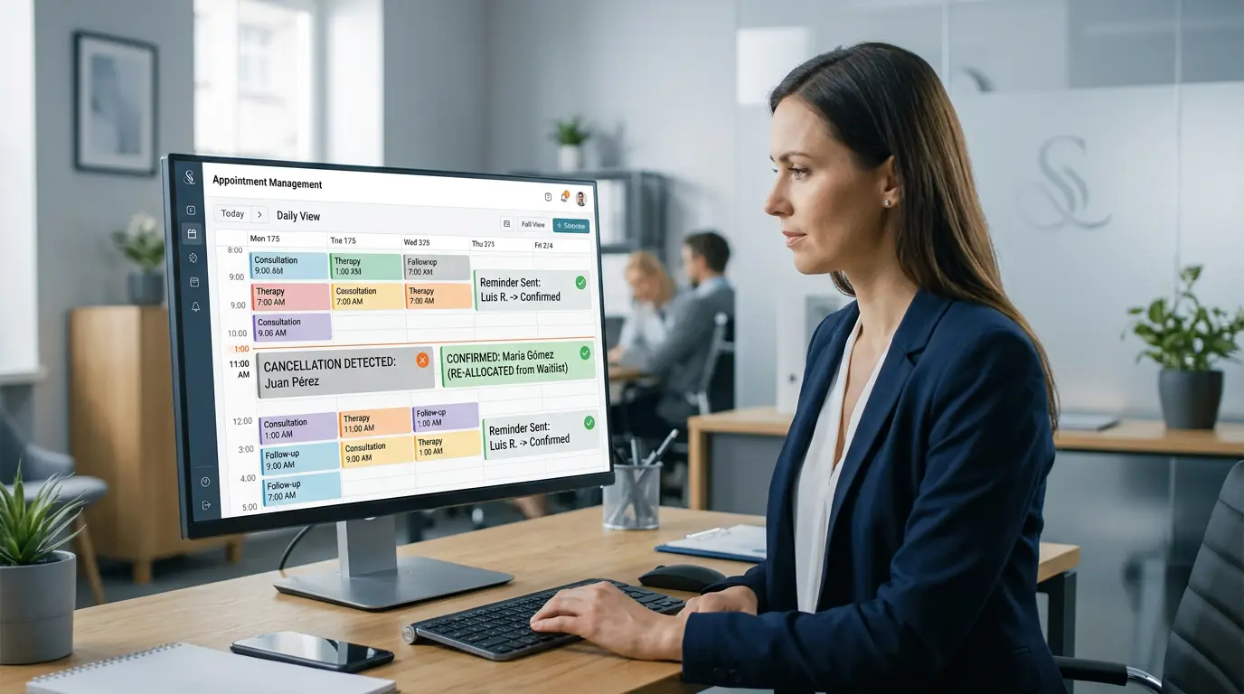 Agenda con recordatorios y reasignación automática de huecos.
